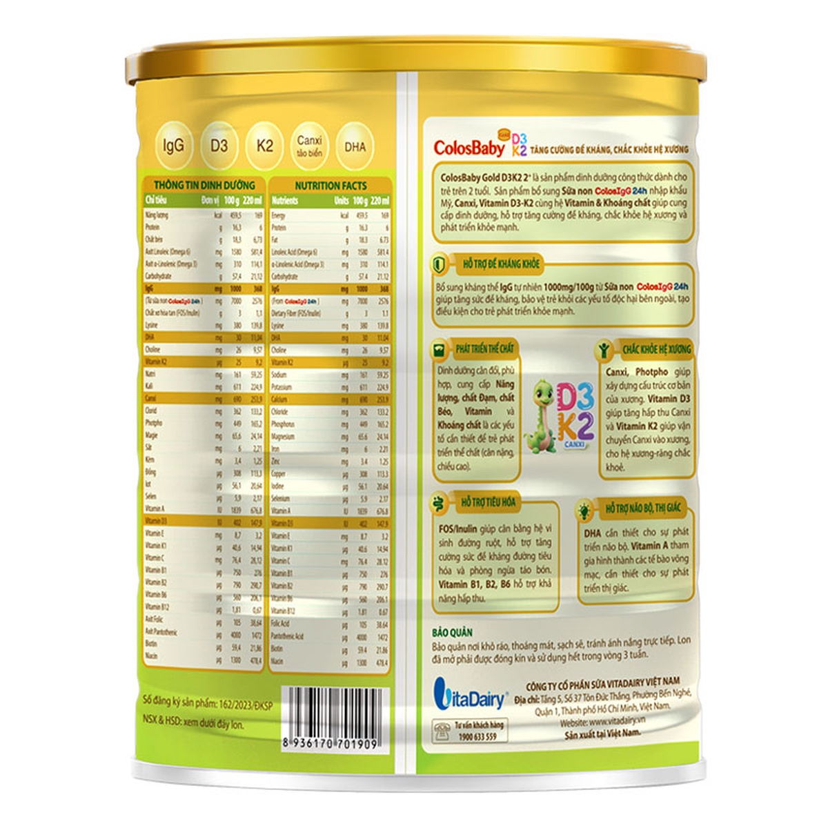 Sữa Colosbaby Gold D3K2 (cho bé trên 2 tuổi) 800g - mặt phải