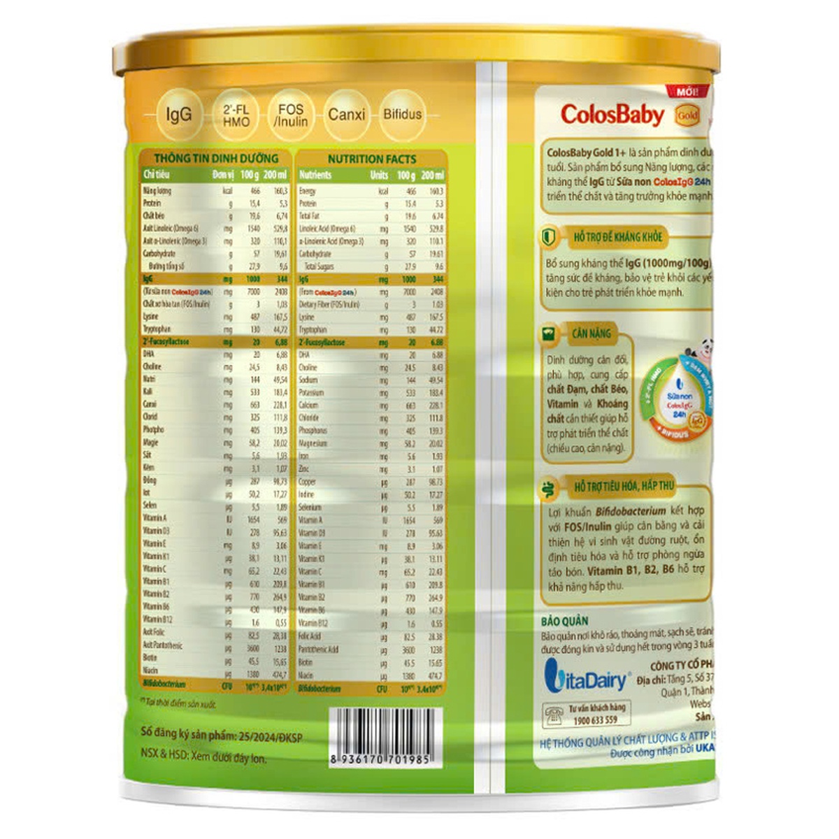 Sản phẩm dinh dưỡng Colosbaby gold 1+ 800g-S New - mặt sau