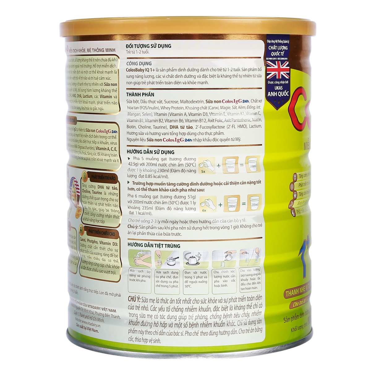 Sữa Colosbaby IQ Gold 1+ (cho bé 1-2 tuổi) 800g - mặt trái