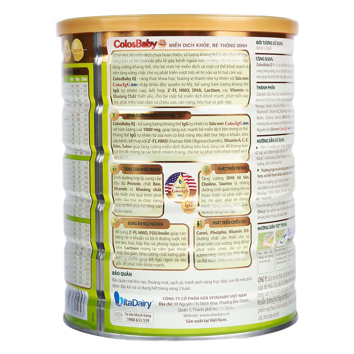 Sữa Colosbaby IQ Gold 1+ (cho bé 1-2 tuổi) 800g - mặt sau