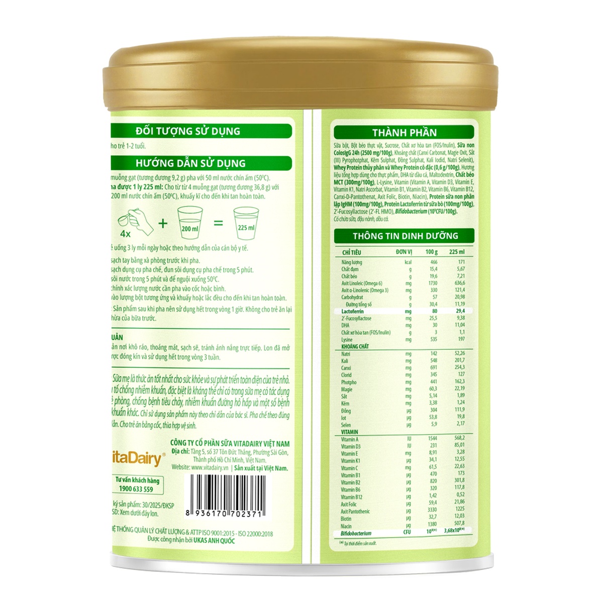 Sữa ColosBaby Lactoferrin 1+ (cho bé từ 1-2 tuổi) 800g - mặt sau