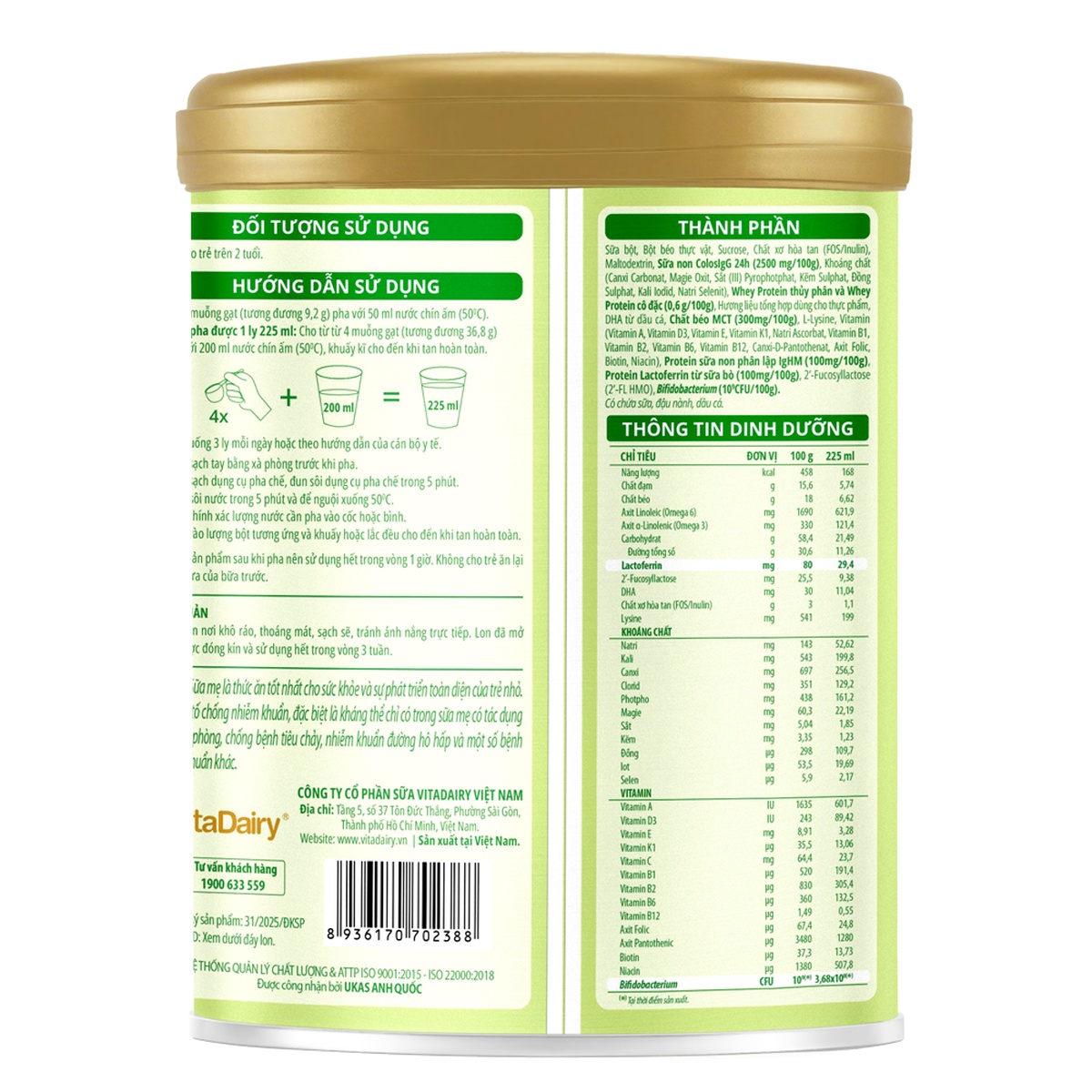 Sản phẩm dinh dưỡng công thức ColosBaby Lactoferrin 2+ 800g dành cho bé 2Y+ - mặt sau