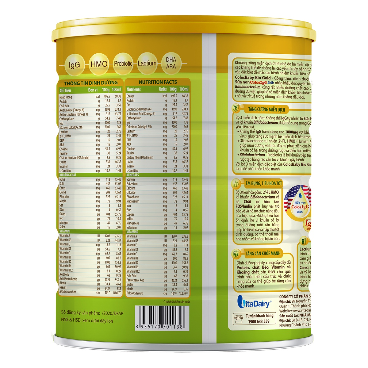 Sản phẩm dinh dưỡng công thức Colosbaby BIO Gold 0+ 800g cho bé từ 0-1 tuổi - mặt phải
