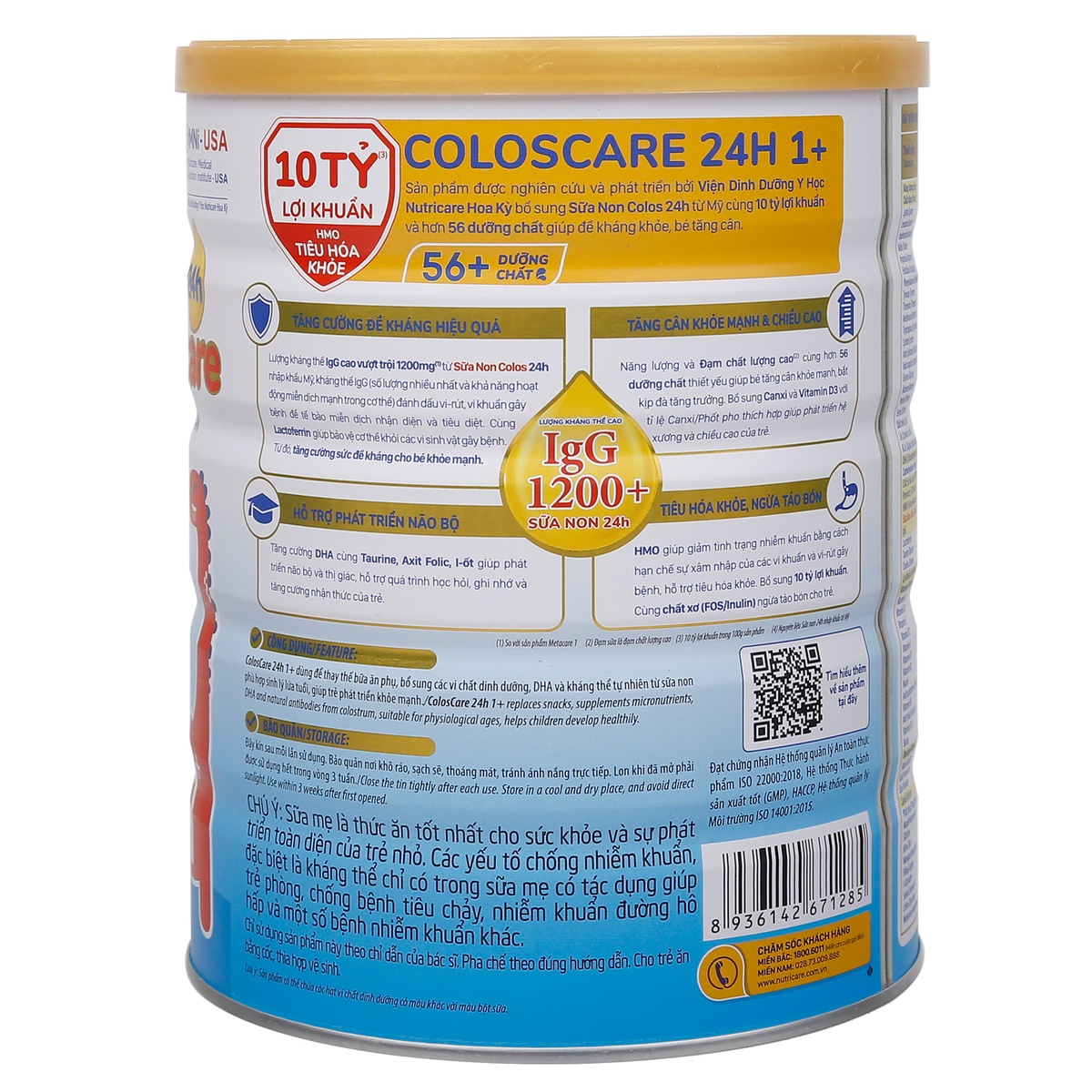 Sữa ColosCare 24h 1+ (cho bé từ 1-2 tuổi) 800g - mặt trái