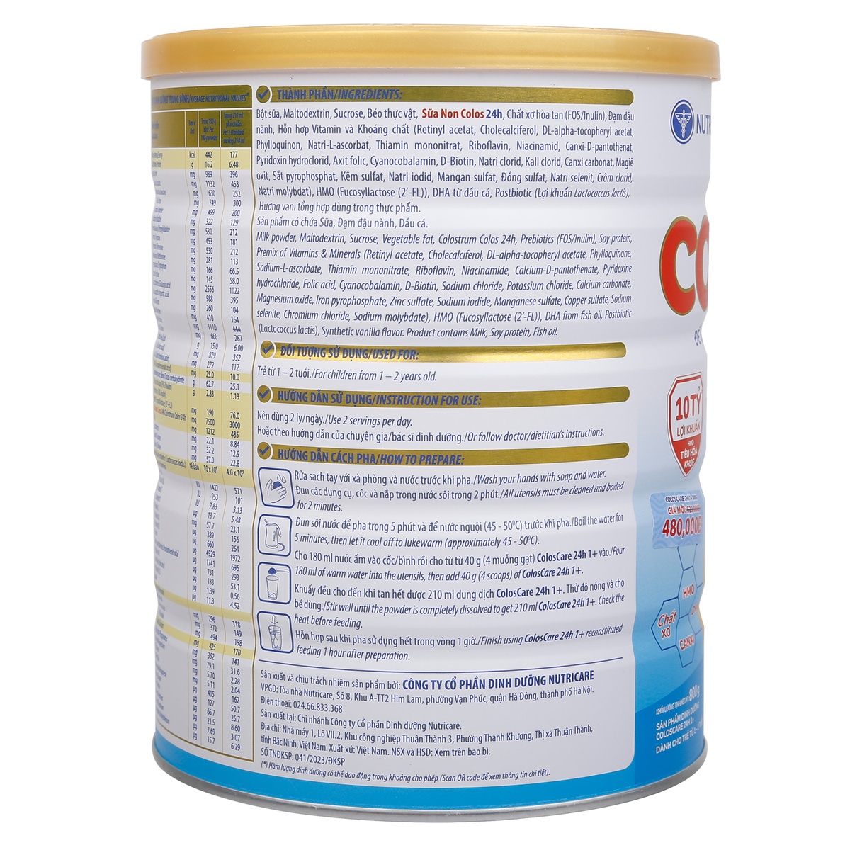 Sữa ColosCare 24h 1+ (cho bé từ 1-2 tuổi) 800g - mặt sau