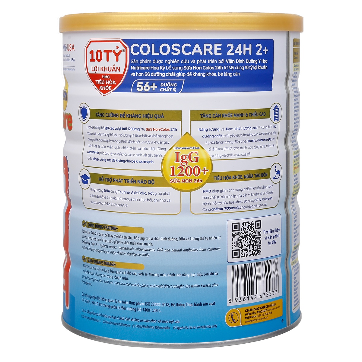 Sữa ColosCare 24h 2+ (cho bé từ 2-10 tuổi) 800g - mặt trái