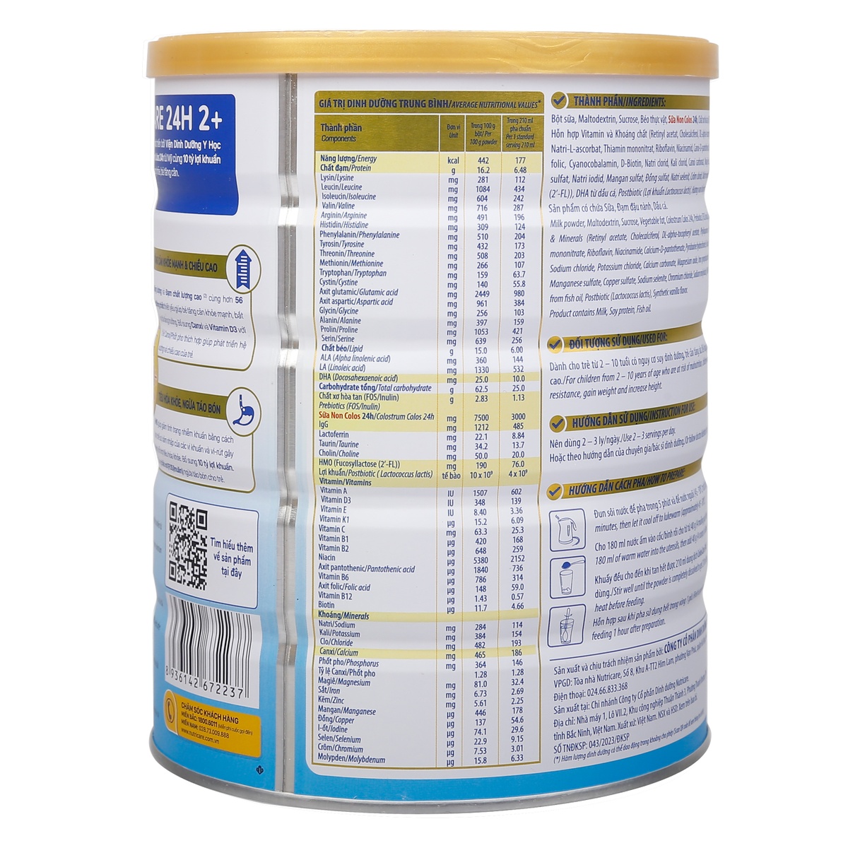 Sữa ColosCare 24h 2+ (cho bé từ 2-10 tuổi) 800g - mặt phải