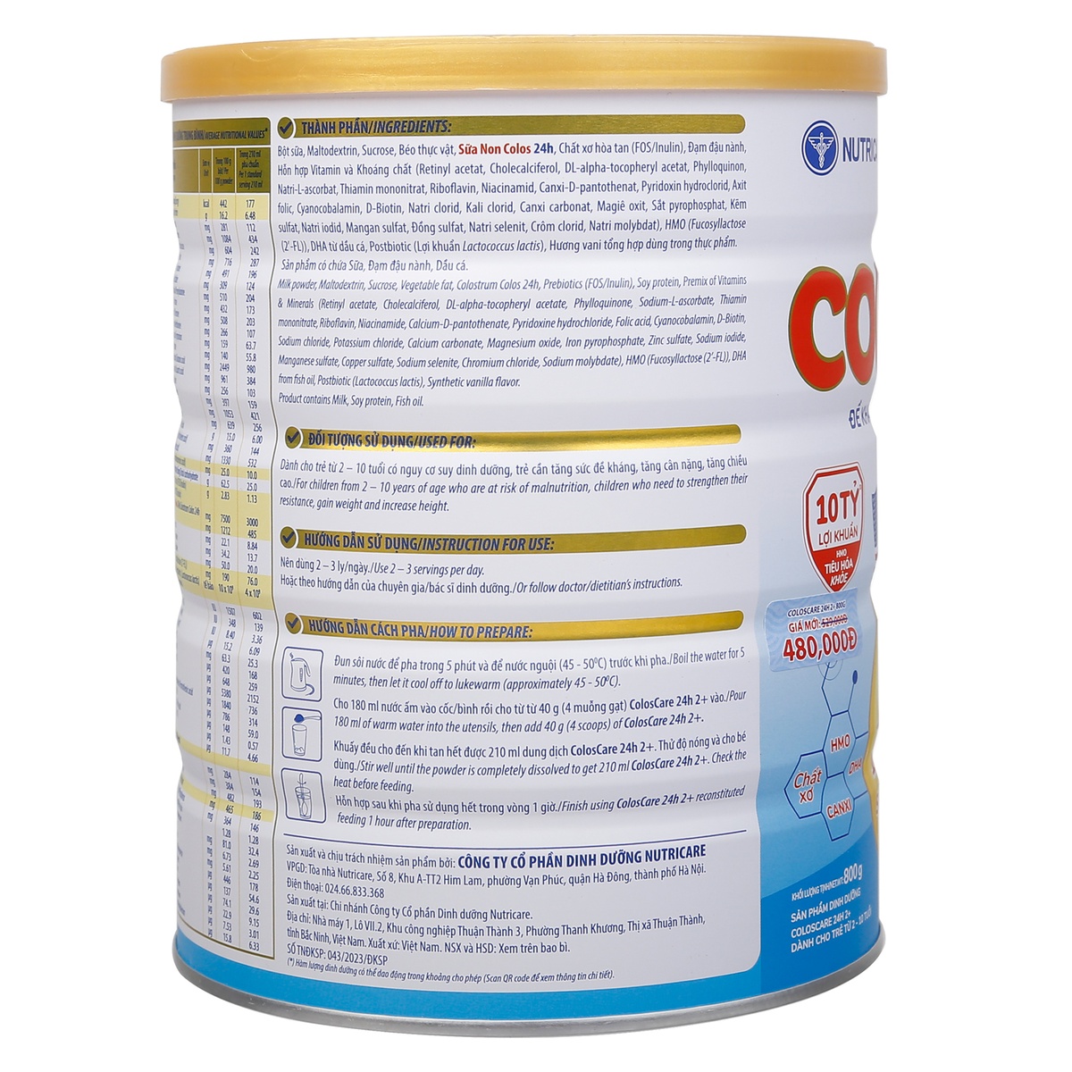 Sữa ColosCare 24h 2+ (cho bé từ 2-10 tuổi) 800g - mặt sau