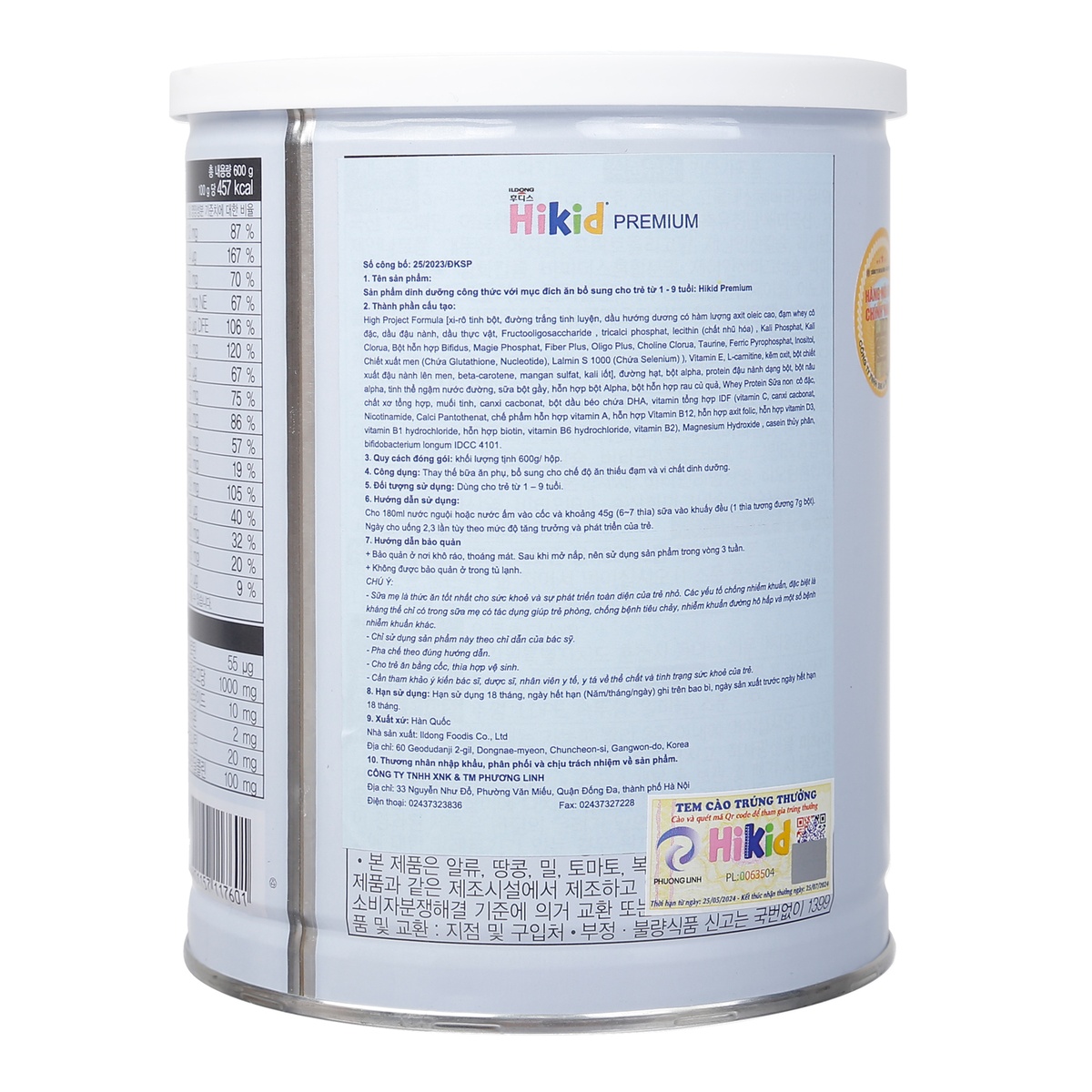 Sản phẩm dinh dưỡng công thức Hikid Premium 600g cho trẻ từ 1 - 9 tuổi - mặt trái