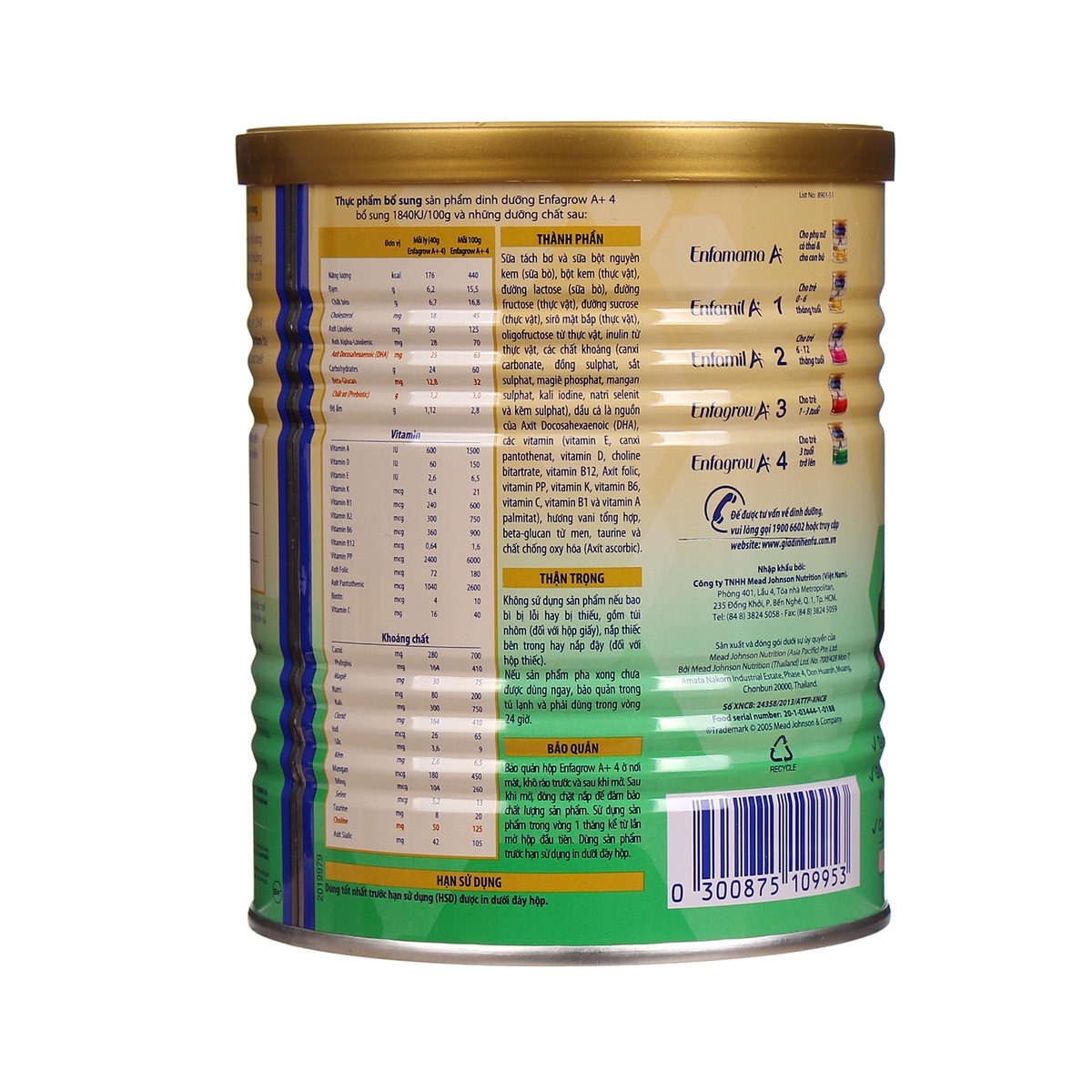 Sữa bột Enfagrow A+ số 4 hộp 400g - mặt trái