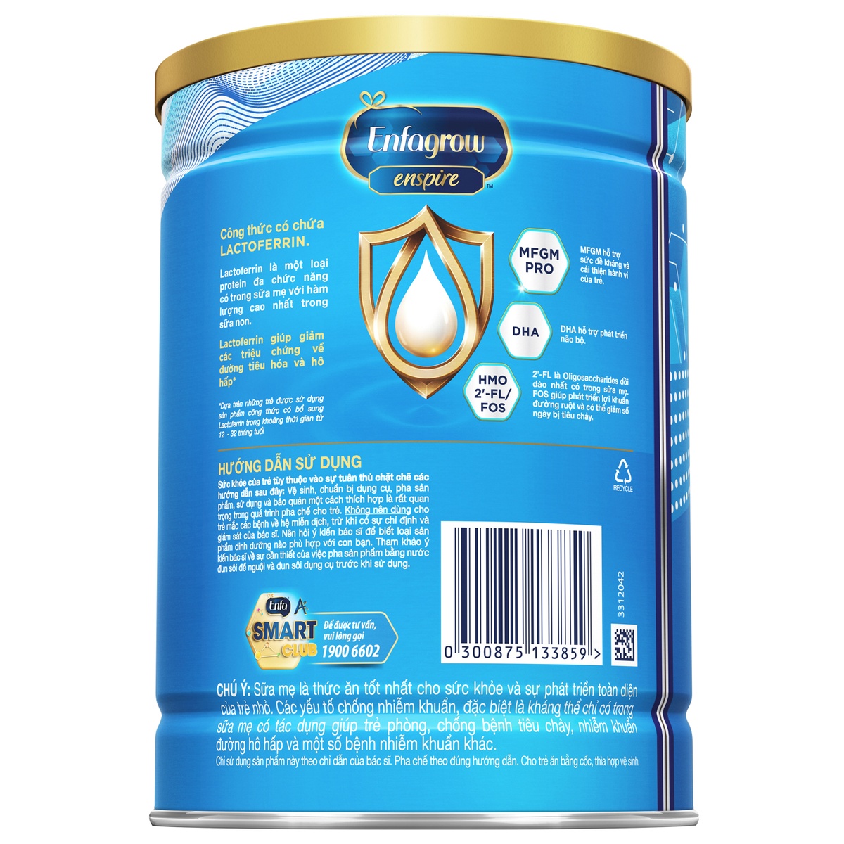 Sữa bột Enfagrow Enspire số 3 (cho bé 2-6 tuổi) 850g - mặt trái