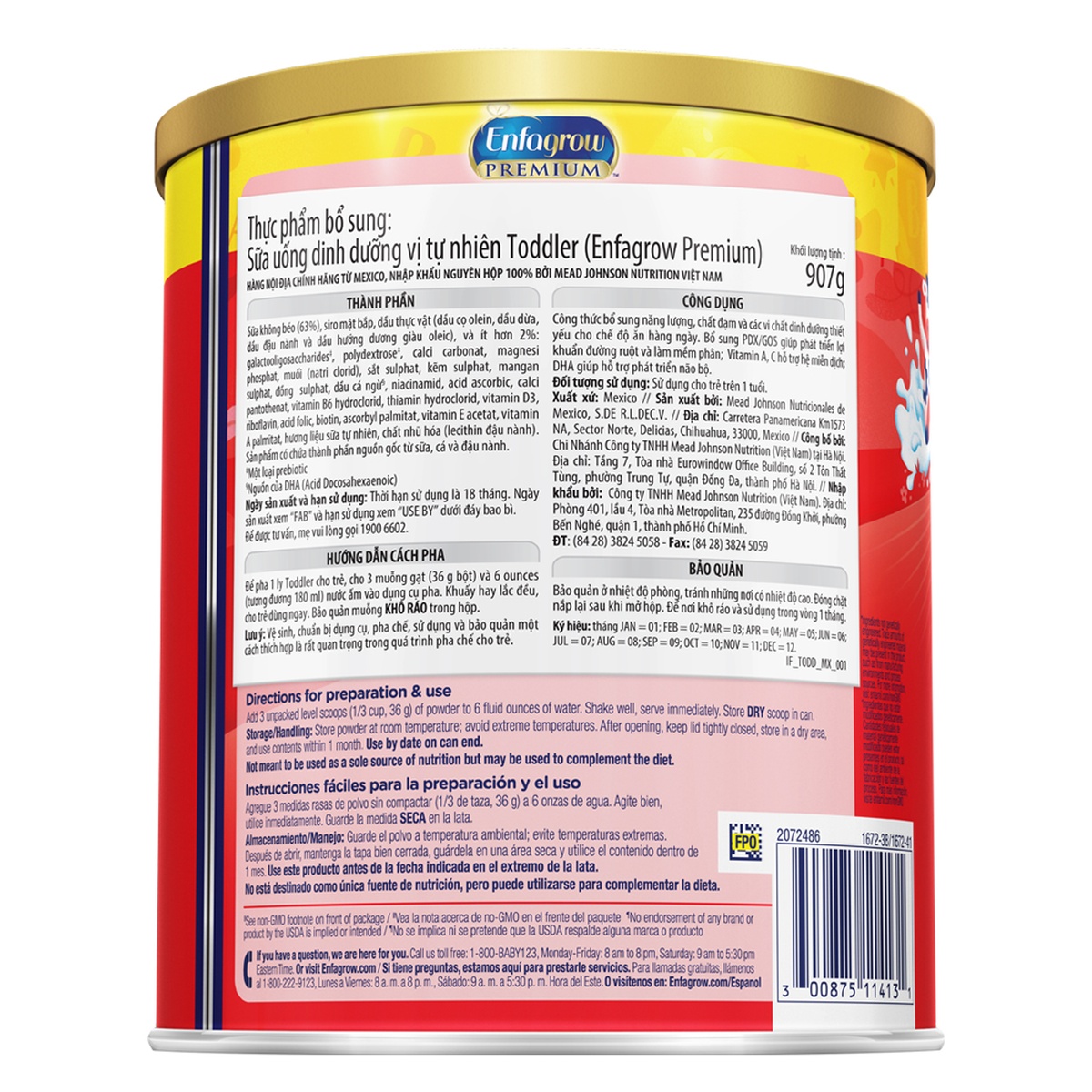 Thực phẩm bổ sung Enfagrow Premium Toddler 907g (cho bé từ 1+) - mặt phải