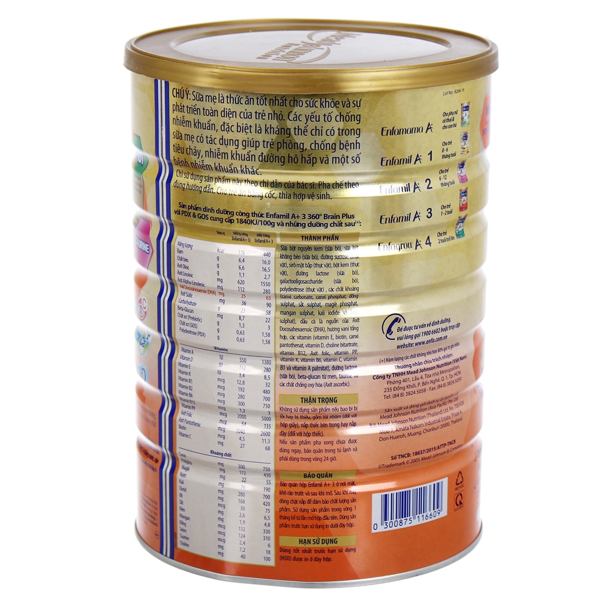Sữa bột Enfamil A+ 360º Brain Plus số 3 1,8Kg - mặt sau