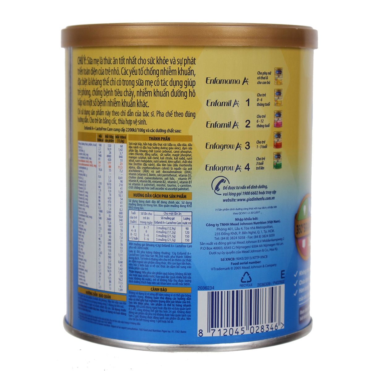Sữa Enfamil A+ Lactofree Care 400g không chứa lactose dành cho bé 0-12 tháng - mặt trái
