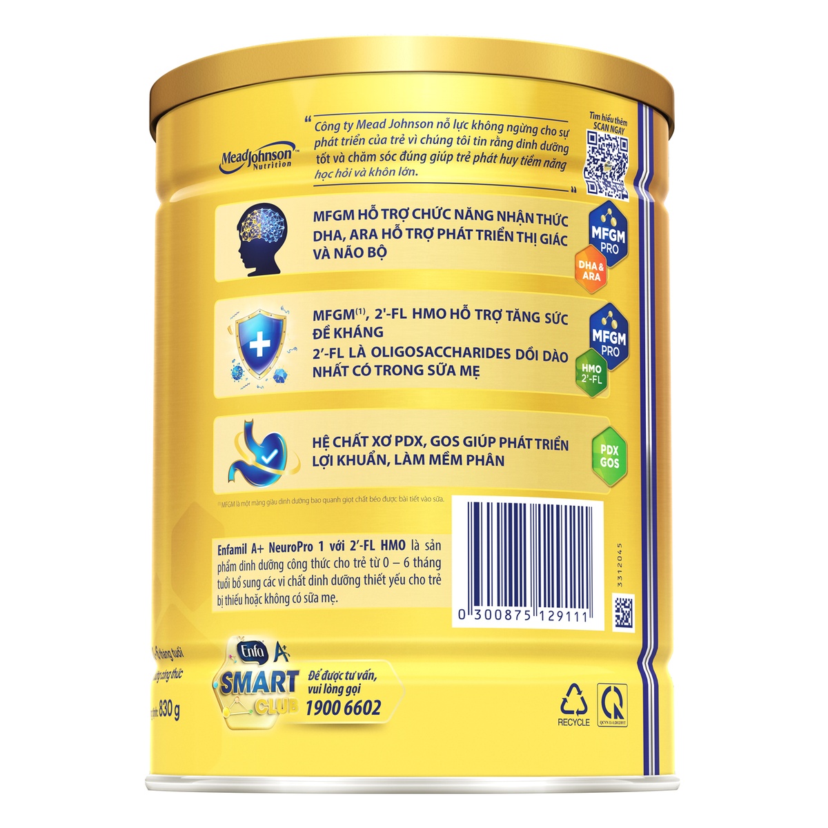 Sữa bột Enfamil A+ NeuroPro số 1 (cho bé 0-6 tháng) 830g - mặt sau