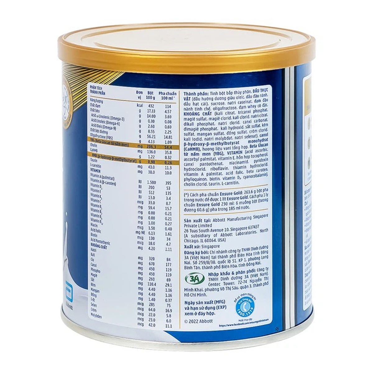 Sữa Ensure Gold hương Vani 400g - 380g - mặt trái