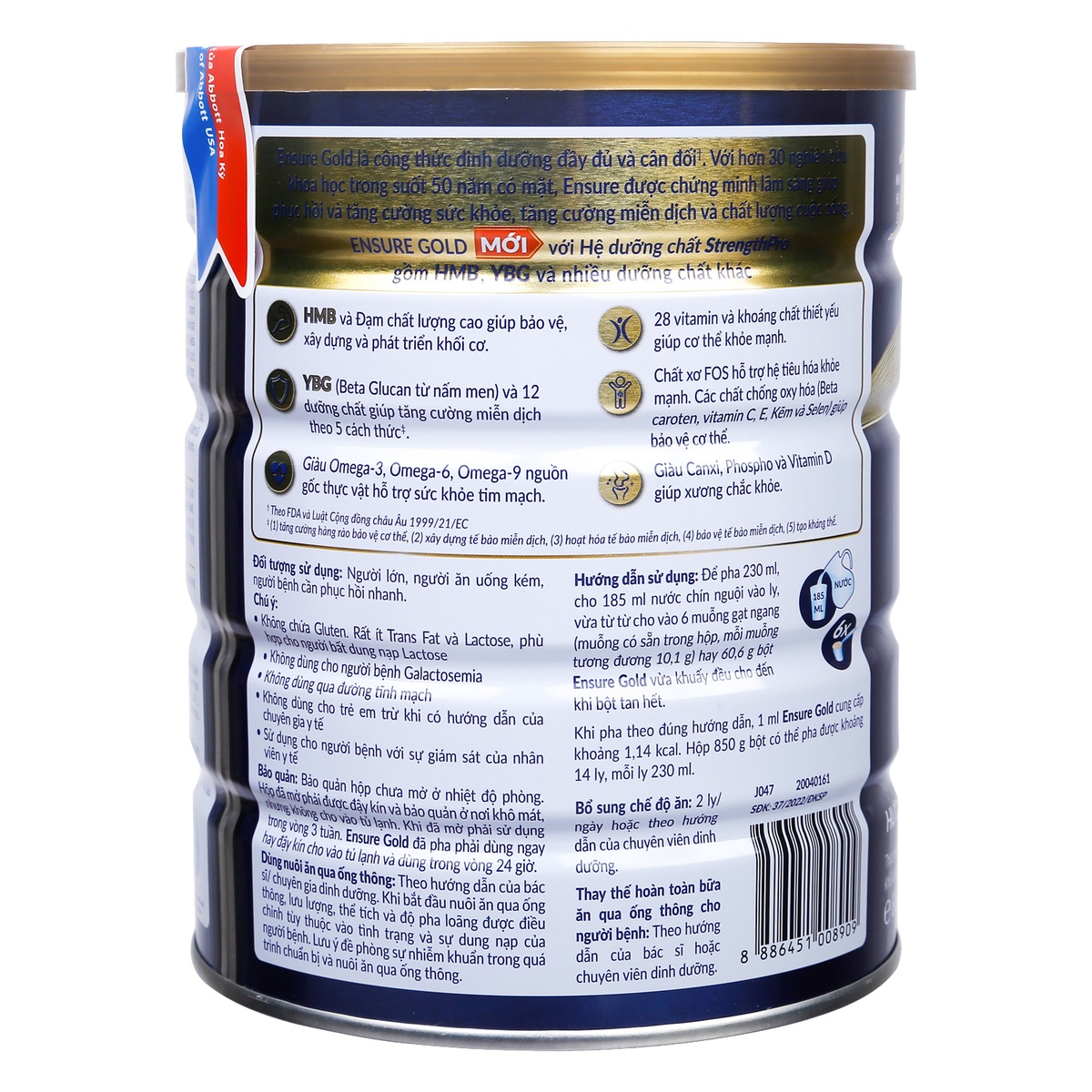 Sữa Ensure Gold hương Vani 850g - 800g - mặt trái