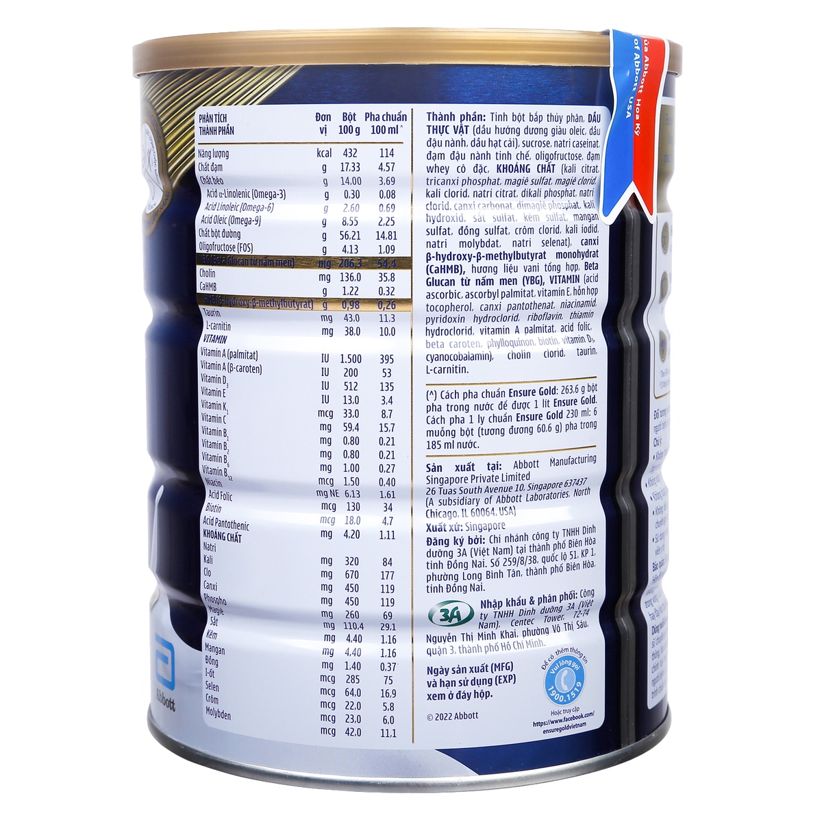 Sữa Ensure Gold hương Vani 850g - 800g - mặt phải