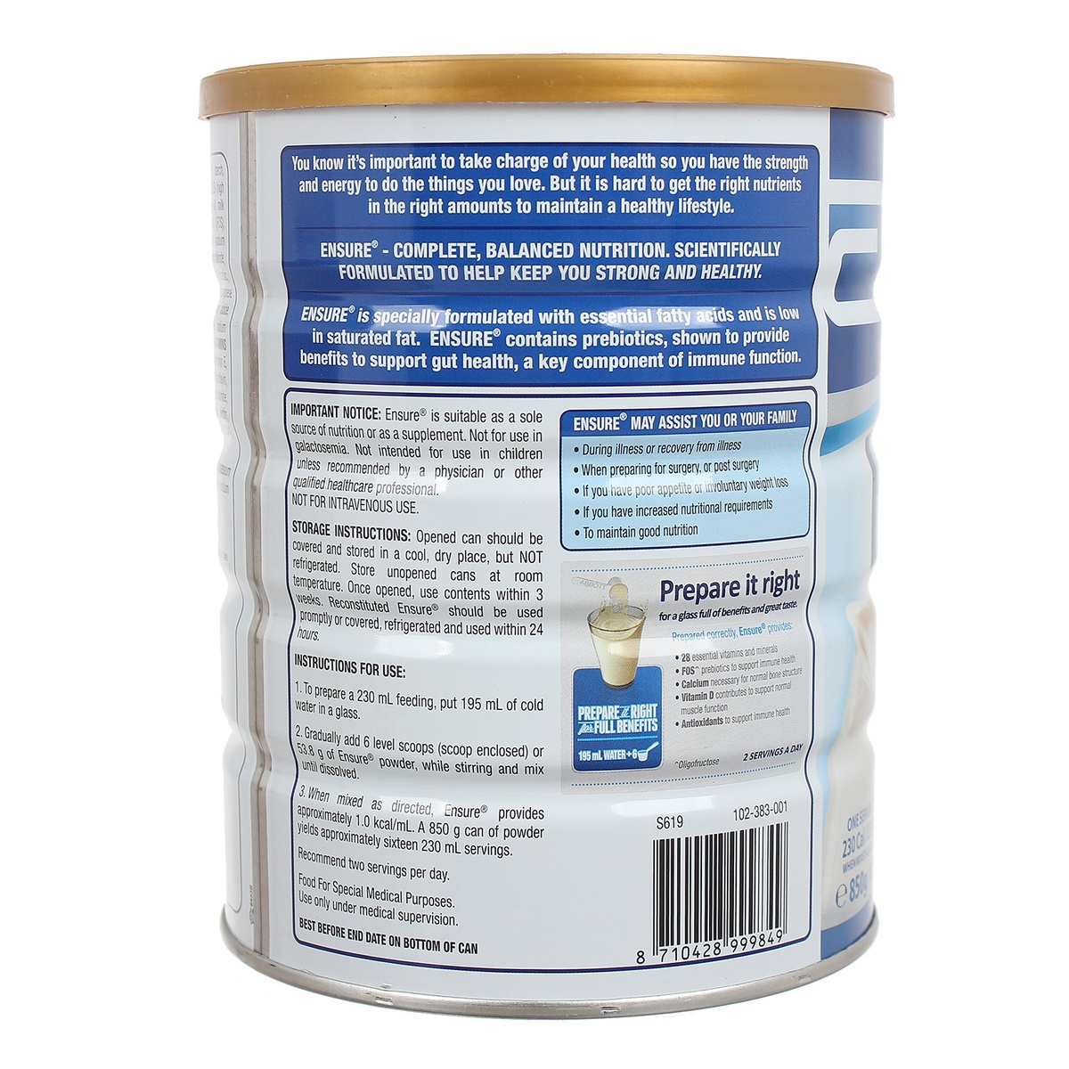 Sữa bột Ensure Úc 850g - mặt trái