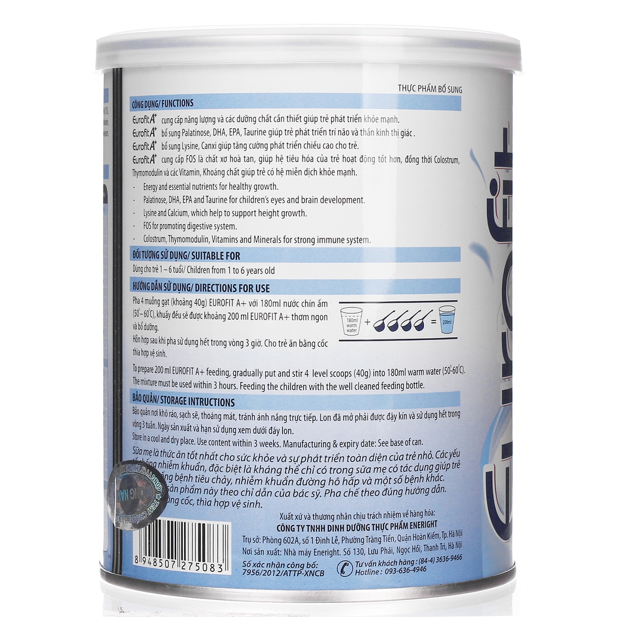 Sữa bột Eurofit A+ hộp 400g - góc nghiêng
