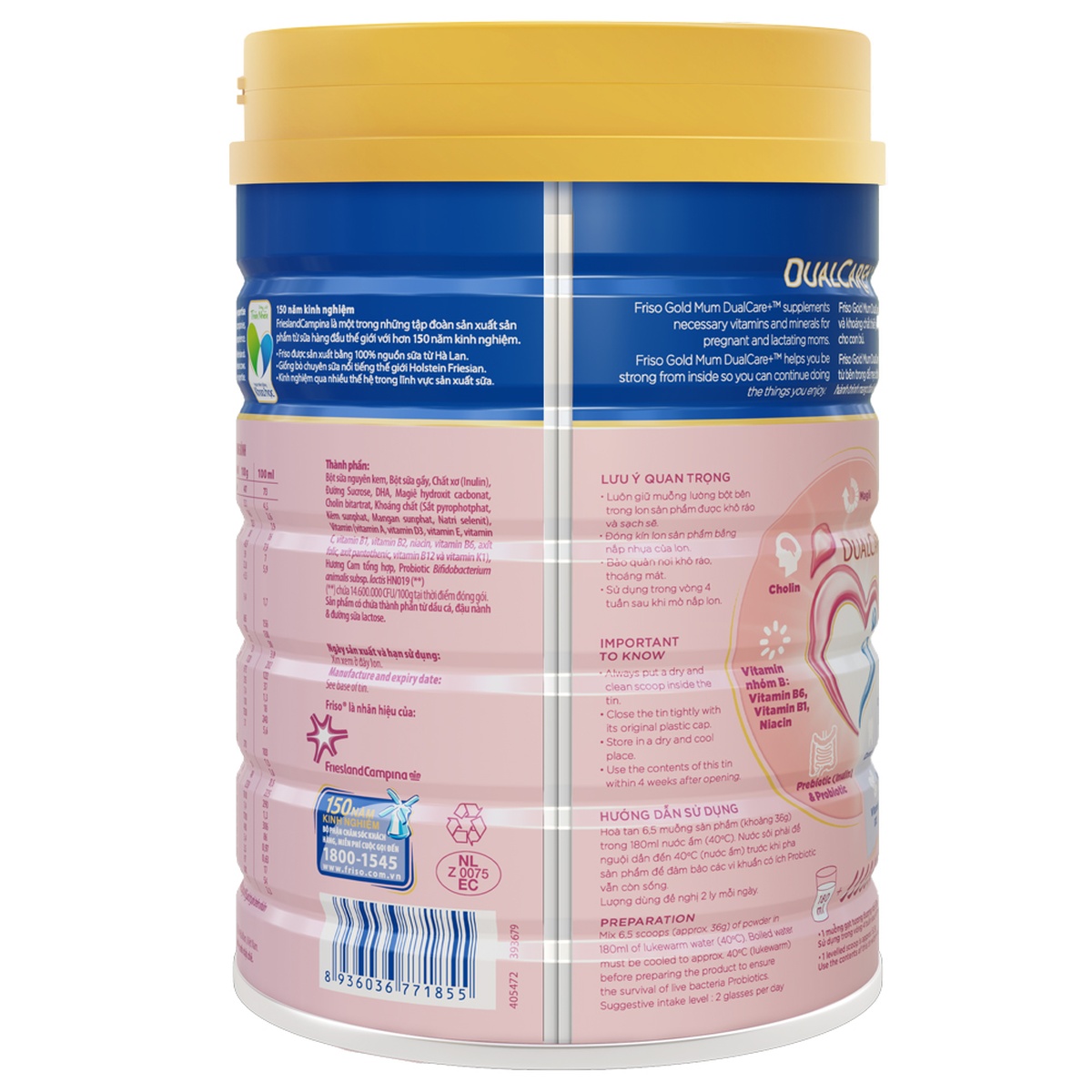 Sữa bột Friso Gold Mum 900g hương cam - mặt trái