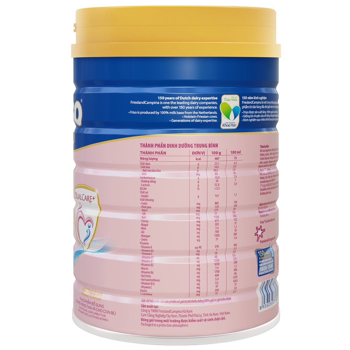 Sữa bột Friso Gold Mum 900g hương cam - mặt sau