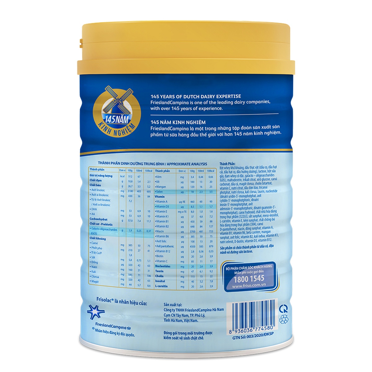Sữa Frisolac Gold số 1 850g cho bé từ 0-6 tháng - mặt trái