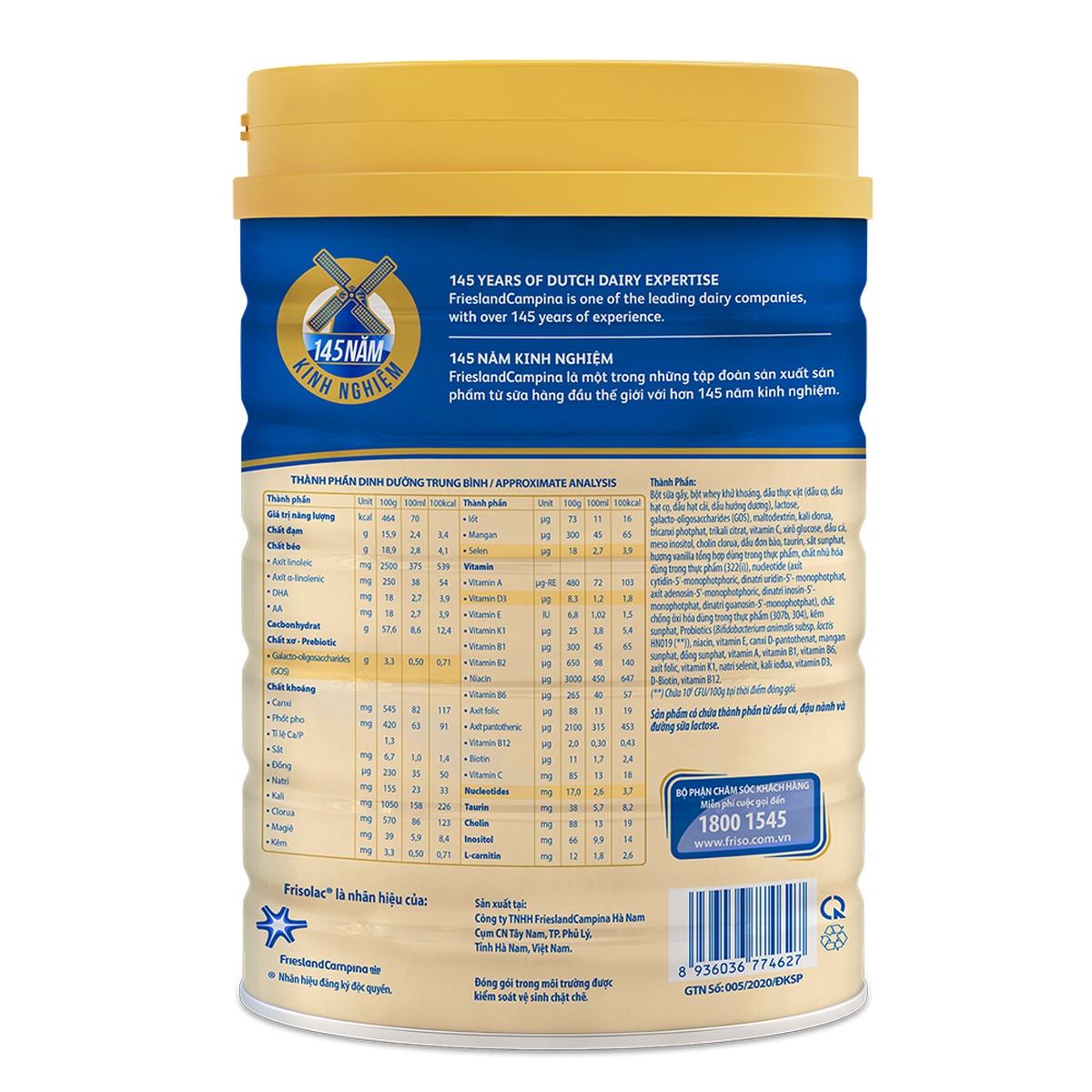 Sữa Frisolac Gold số 3 850g cho bé từ 1-2 tuổi - mặt trái