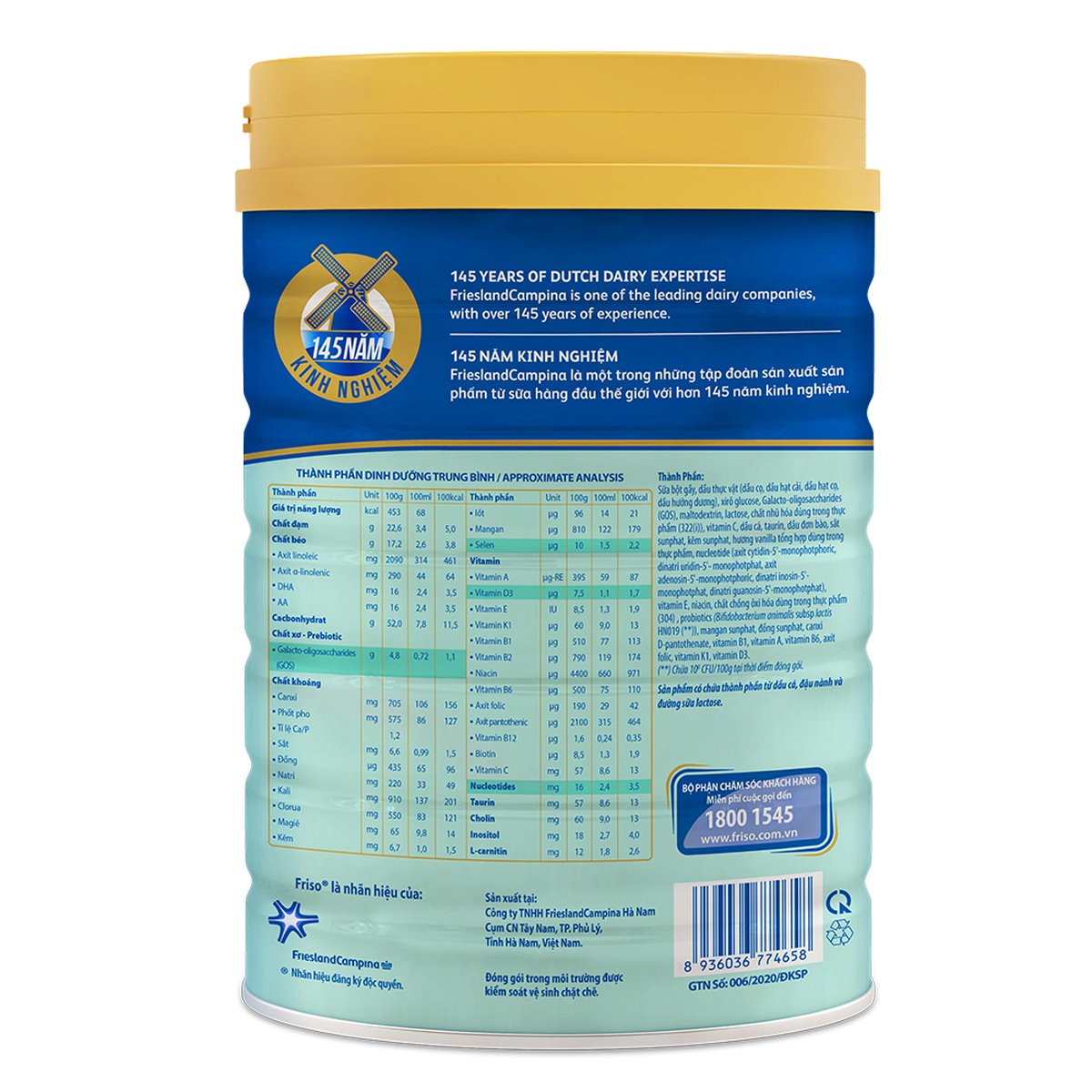 Sữa Friso Gold số 4 850g cho bé từ 2-6 tuổi - mặt trái