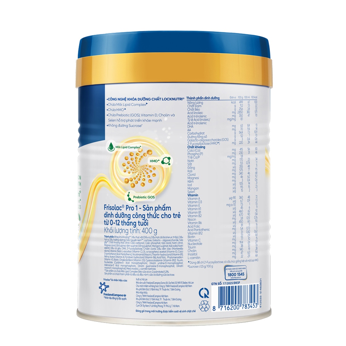 Sữa bột Frisolac Pro số 1 (cho bé 0-12 tháng) 400g - mặt phải