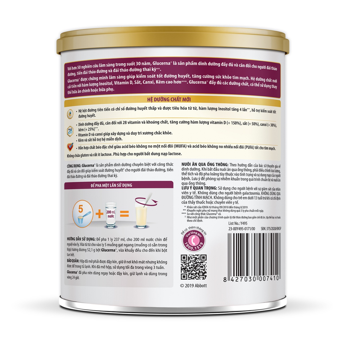 Thực phẩm dinh dưỡng Glucerna Vani 400g cho người đái tháo đường  - mặt trái