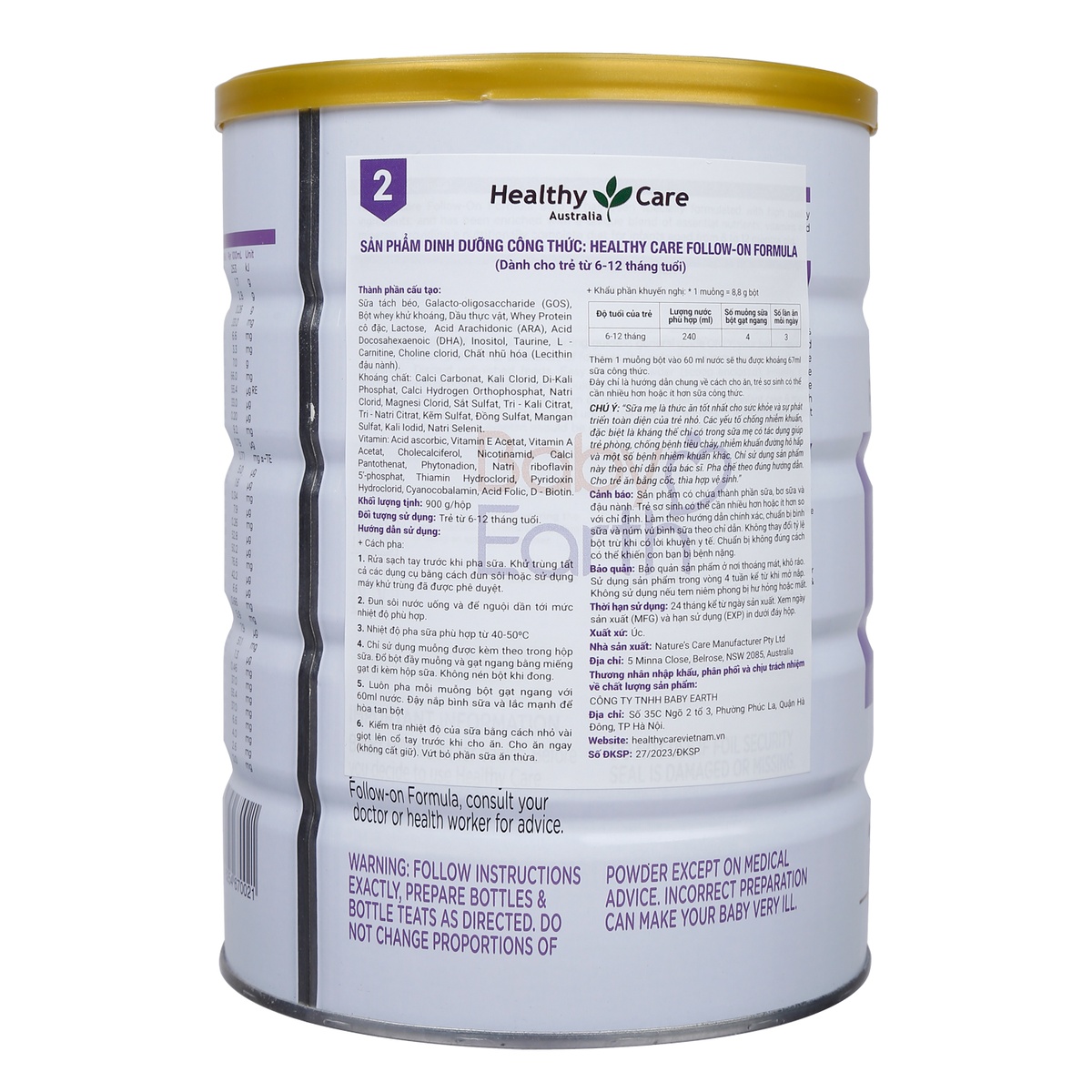 Sản phẩm dinh dưỡng công thức Healthy Care số 2 (Úc) Follow-On 900g dành cho trẻ 6 - 12 tháng  - mặt phải