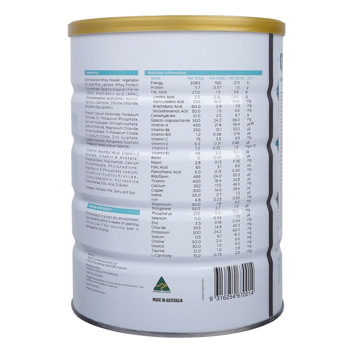 Sản phẩm dinh dưỡng công thức Healthy Care số 1 (Úc) Infant 900g dành cho trẻ 0 - 6 tháng  - mặt trái