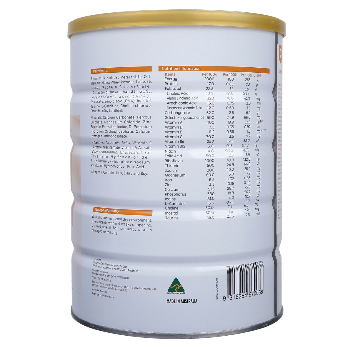 Sữa bột Healthy Care Toddler số 3 (cho bé từ 1-3 tuổi) 900g - mặt trái