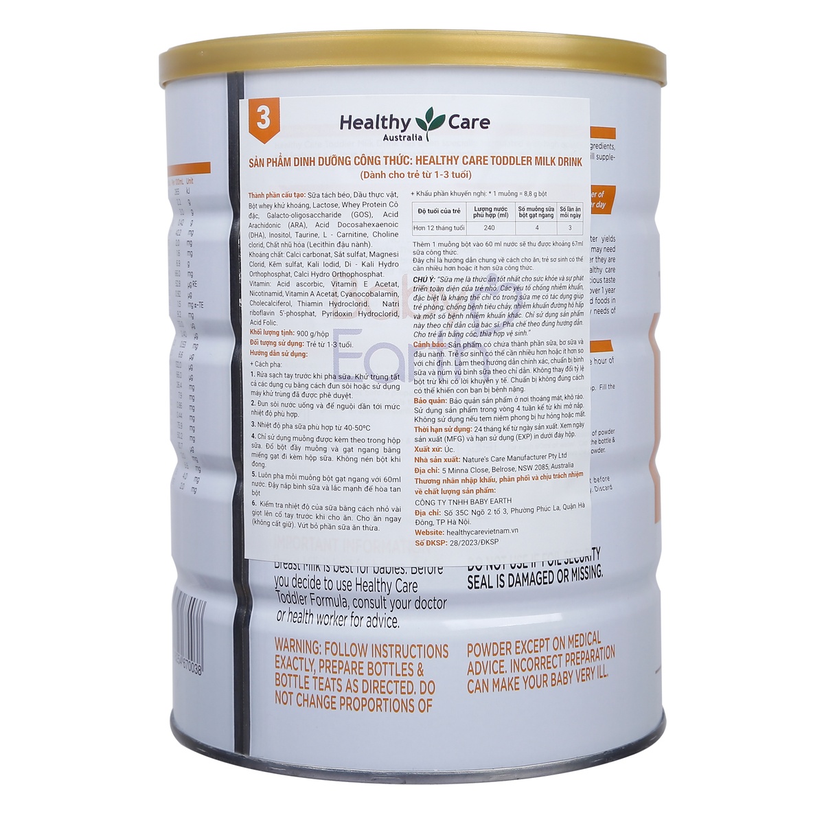 Sữa bột Healthy Care Toddler số 3 (cho bé từ 1-3 tuổi) 900g - mặt phải