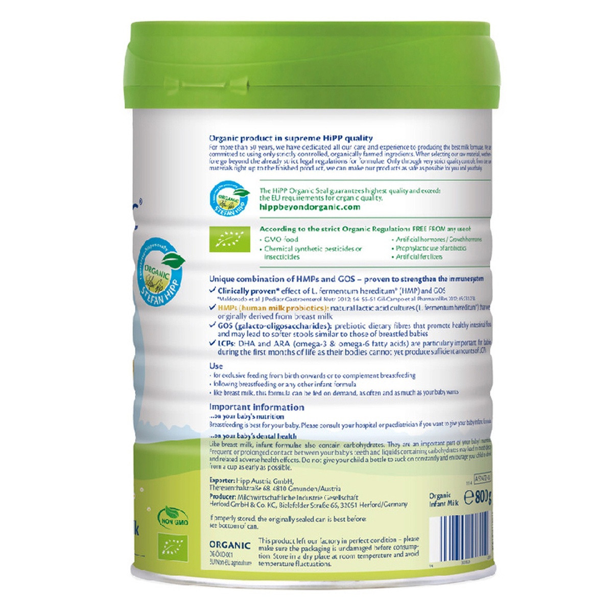 Sản phẩm dinh dưỡng công thức Hipp Organic Combiotic số 1 800g (cho bé từ 0-6 tháng) - mặt sau