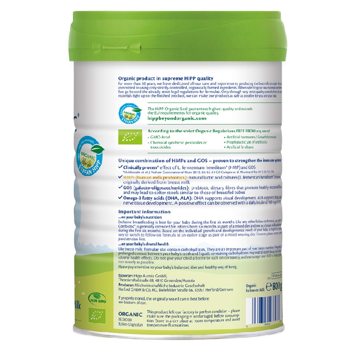 Sữa HiPP số 2 Organic Combiotic HMP (cho bé 6-12 tháng) 800g - mặt sau