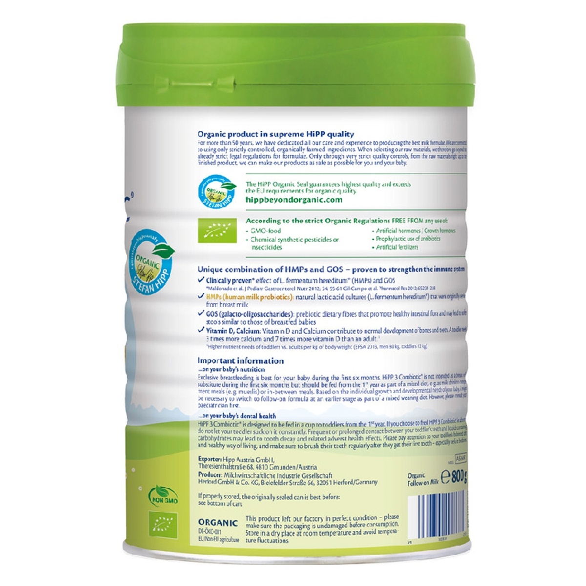 Sữa HiPP số 3 Organic Combiotic HMP (cho bé 1-3 tuổi) 800g - mặt sau