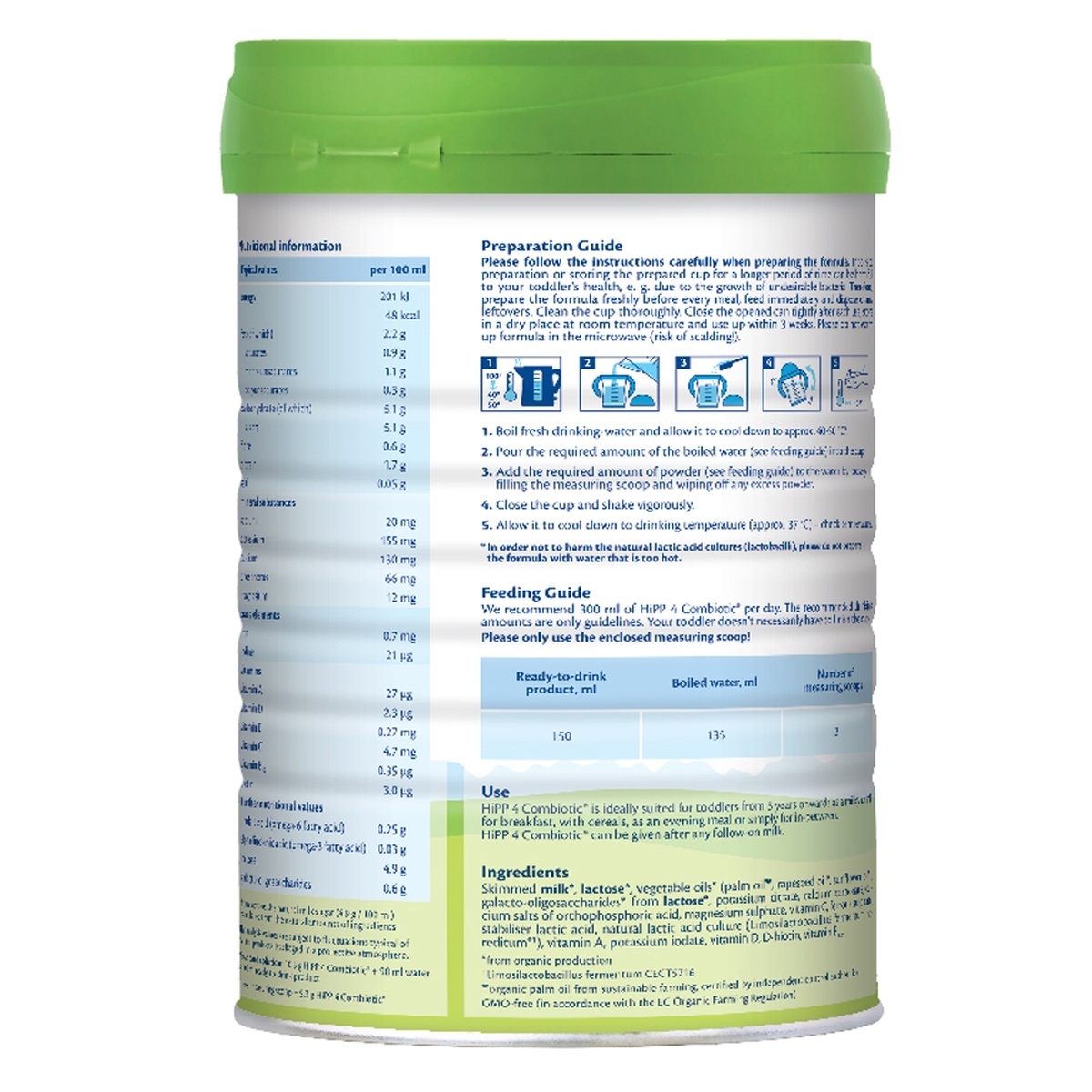 Thực phẩm bổ sung Hipp số 4 Organic Combiotic HMP 800g cho bé trên 3 tuổi - mặt sau