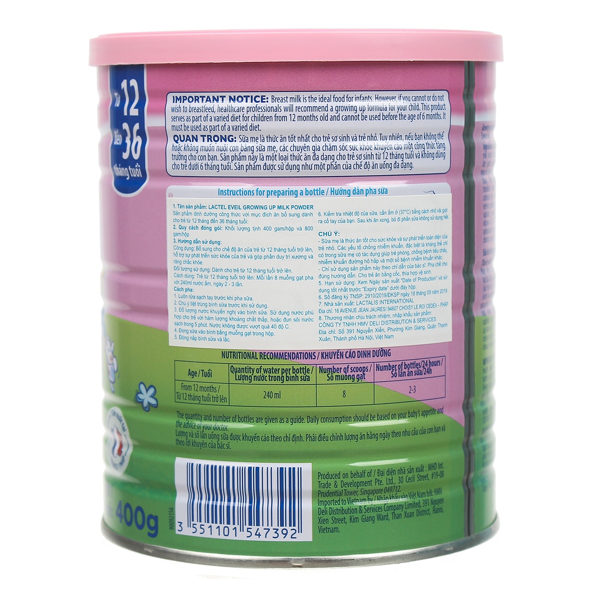 Sữa bột Lactel Eveil Growing up 400g - mặt phải