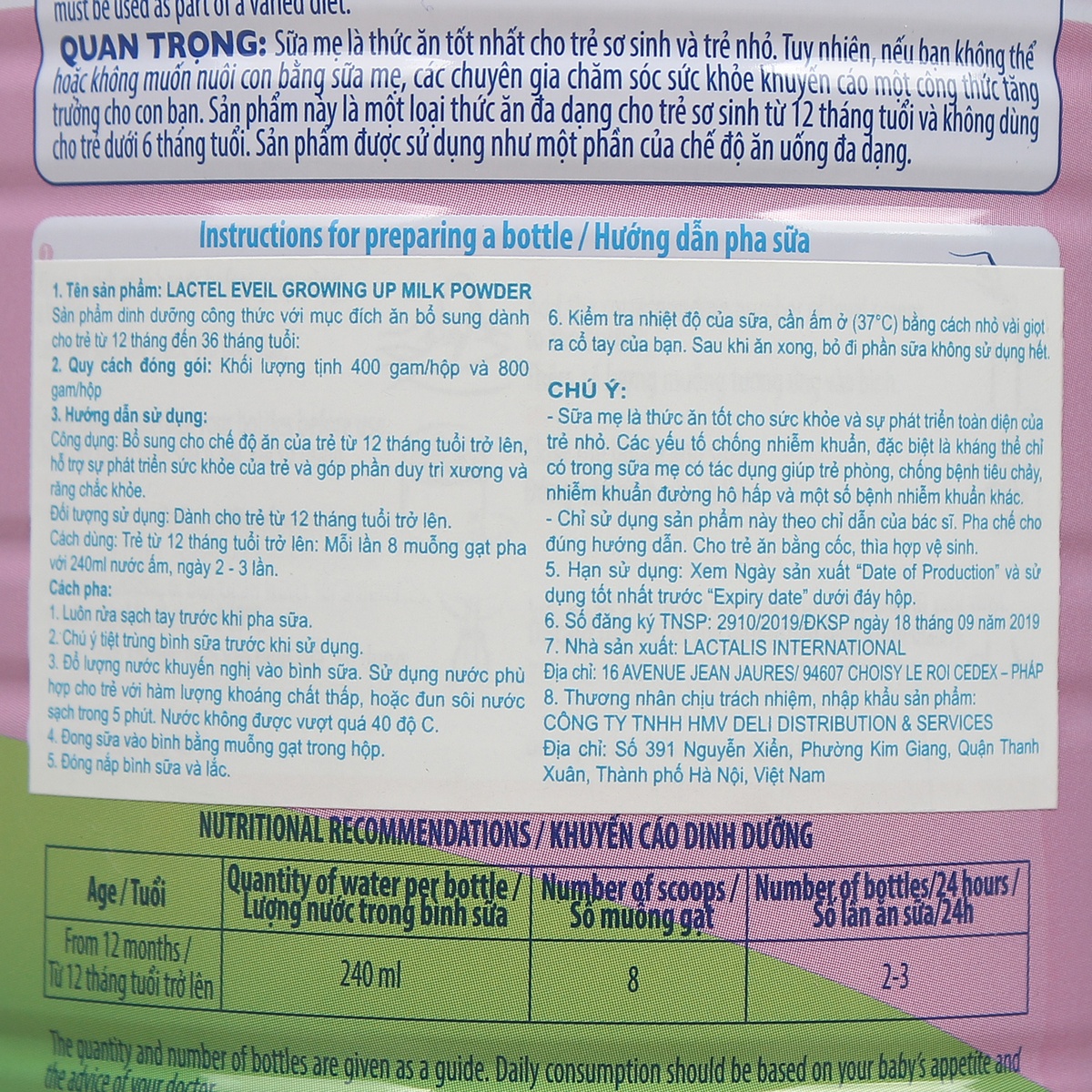 Sữa bột Lactel Eveil Growing up 400g - mặt sau
