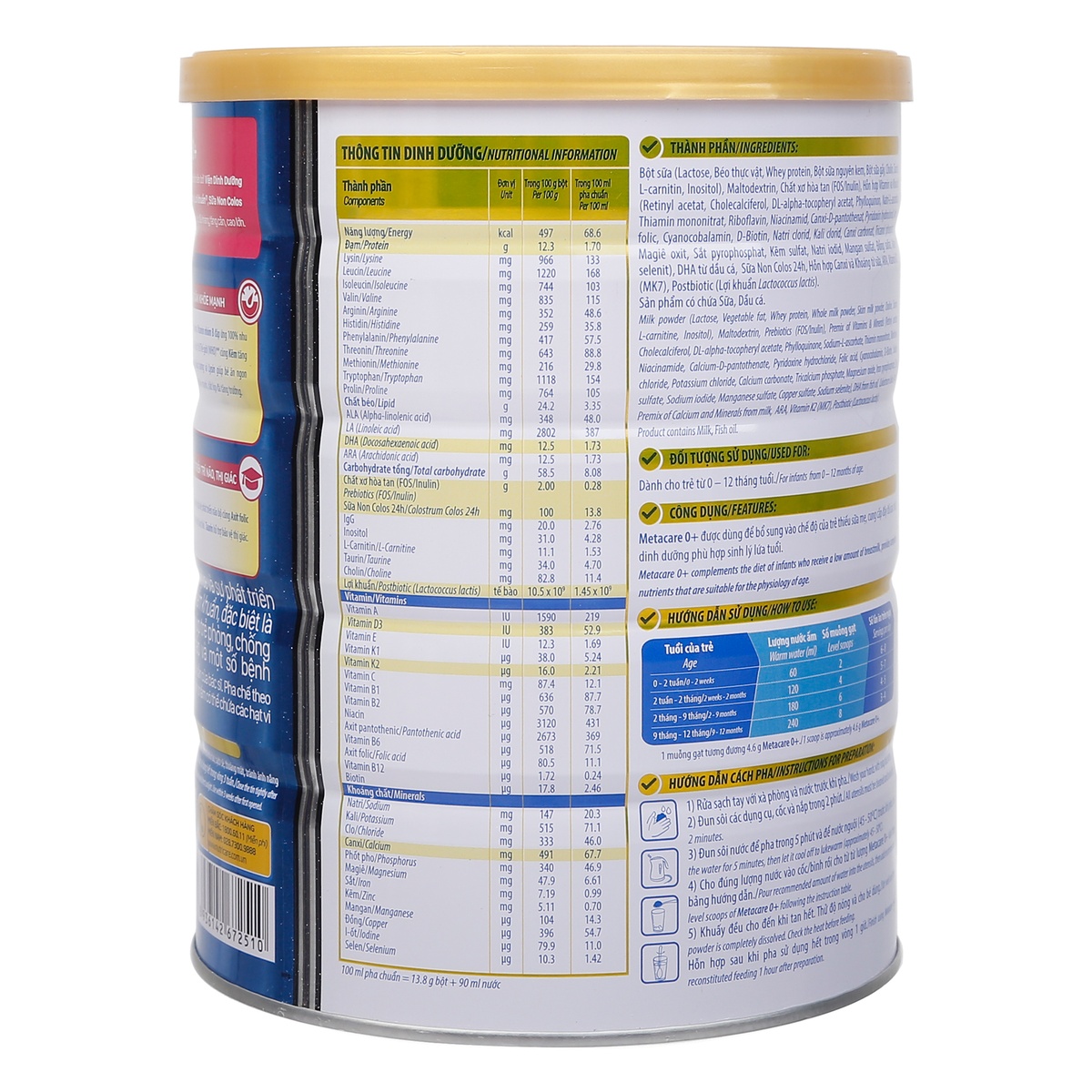 Sữa bột Metacare 0+ 800g (Xanh) - mặt phải
