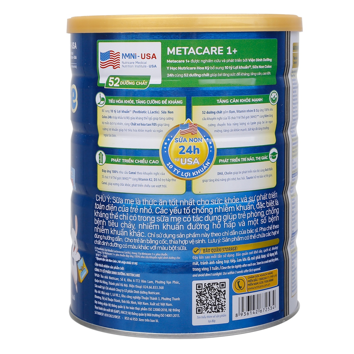 Sữa bột Metacare 1+ (cho bé từ 1 tuổi) 850g (Xanh) - mặt trái