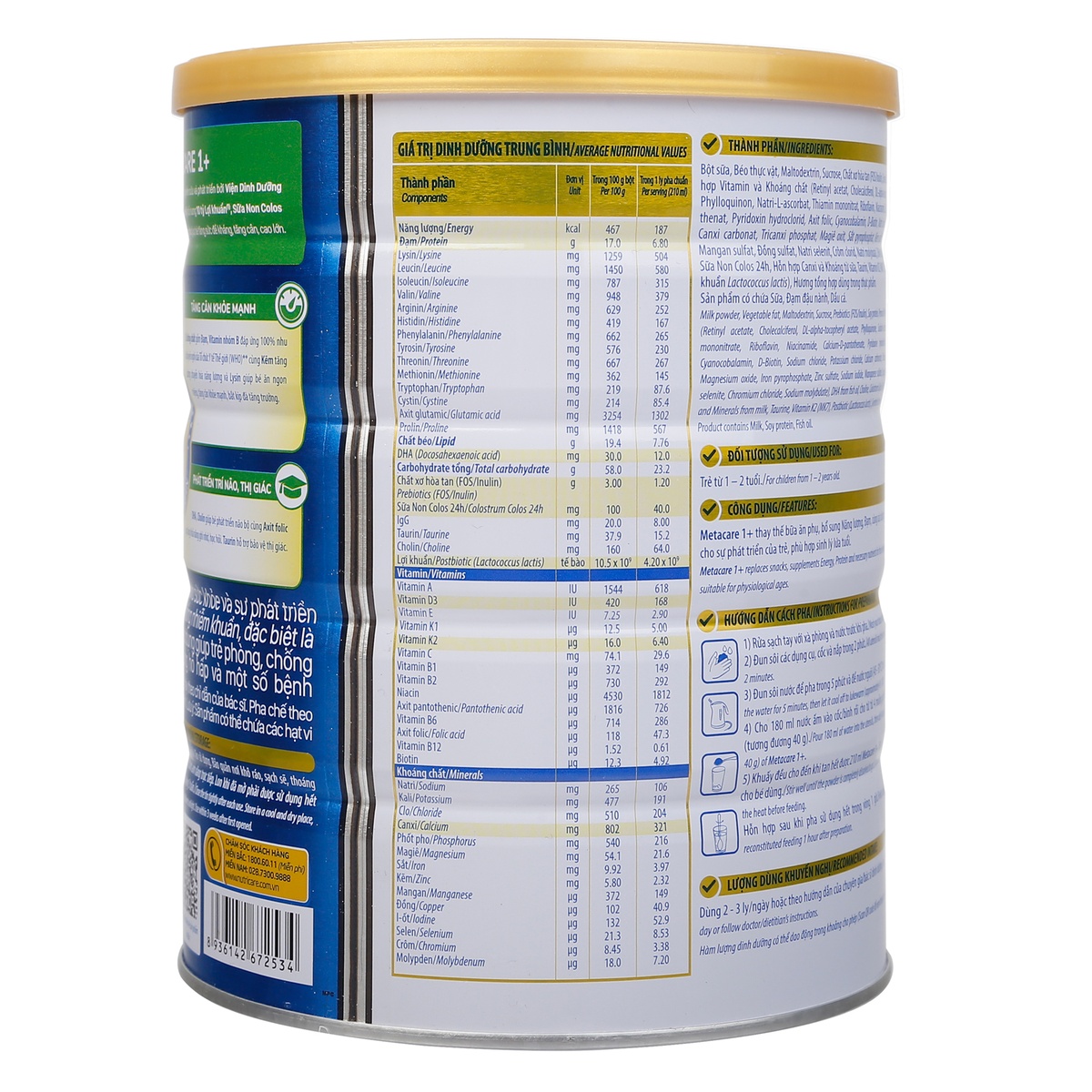 Sữa bột Metacare 1+ (cho bé từ 1 tuổi) 850g (Xanh) - mặt phải