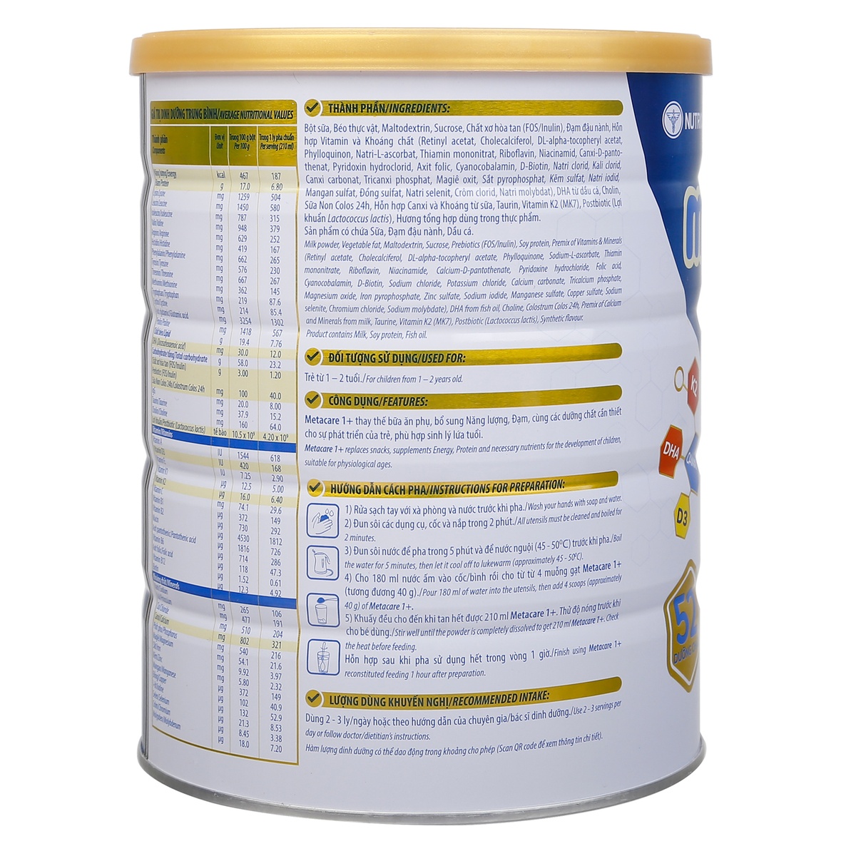 Sữa bột Metacare 1+ (cho bé từ 1 tuổi) 850g (Xanh) - mặt sau
