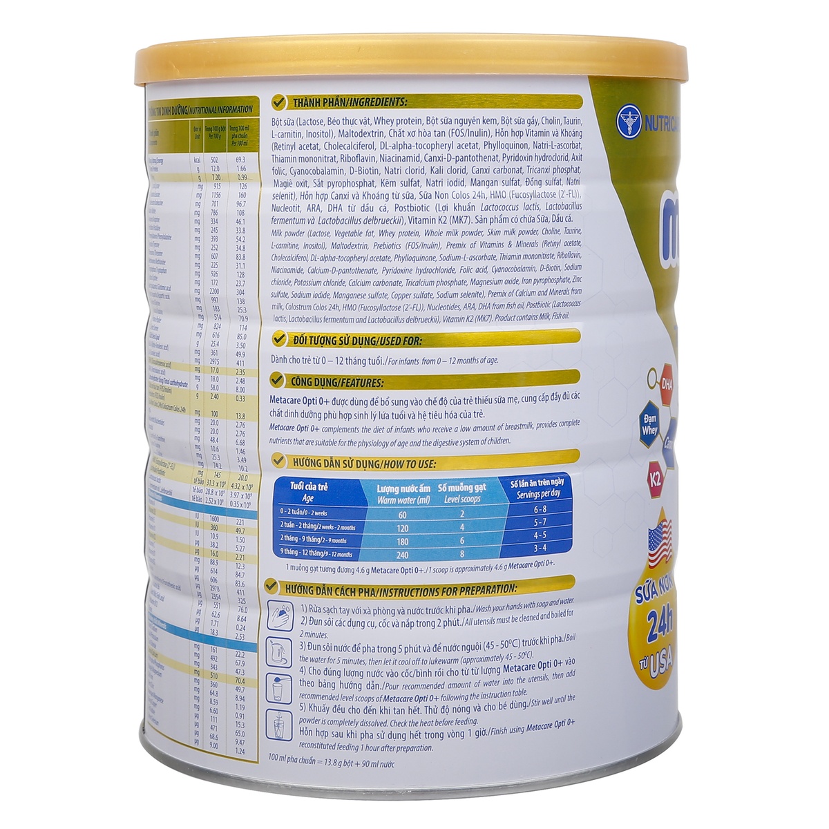 Sữa bột Metacare Opti 0+ (cho bé 0-12 tháng) 800g (Vàng) - mặt sau