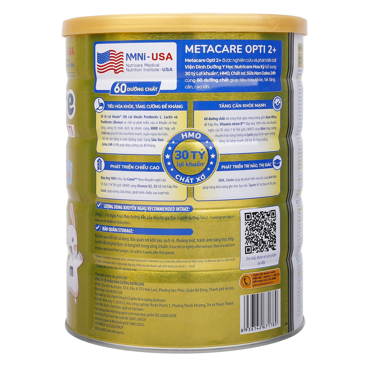 Sản phẩm dinh dưỡng Metacare Opti 2+ 850g cho bé 2-10 tuổi (Vàng) - mặt trái
