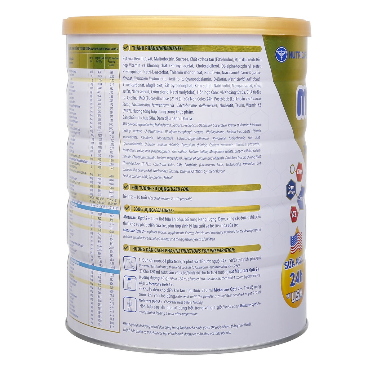 Sản phẩm dinh dưỡng Metacare Opti 2+ 850g cho bé 2-10 tuổi (Vàng) - mặt sau