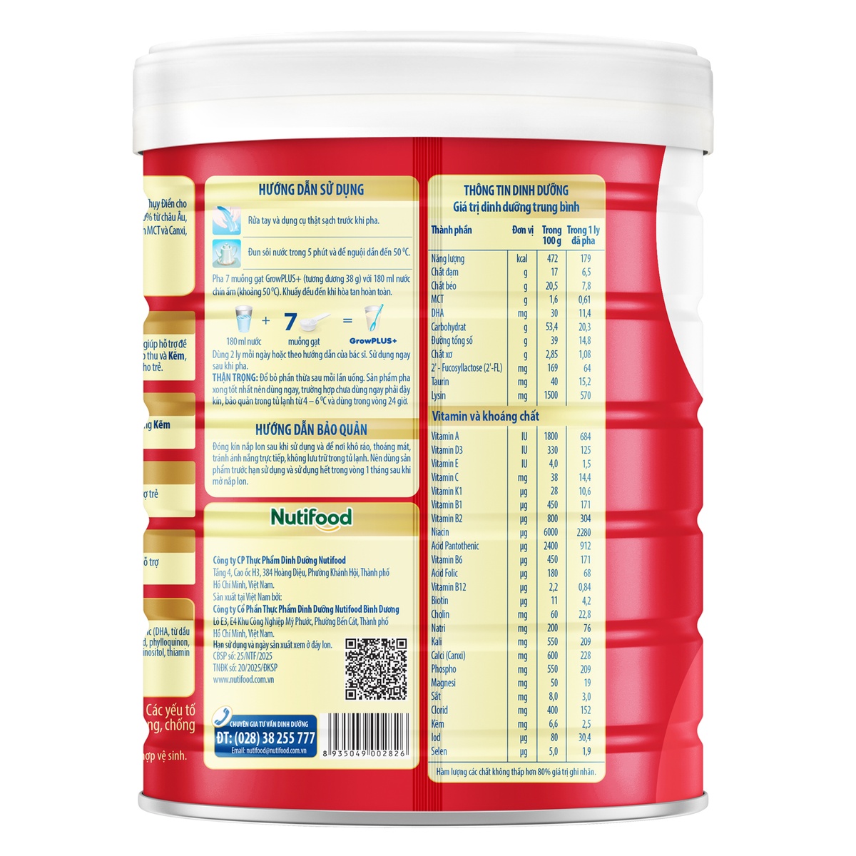 Sữa bột Nutifood Grow Plus đỏ 1+ 850g - mặt phải