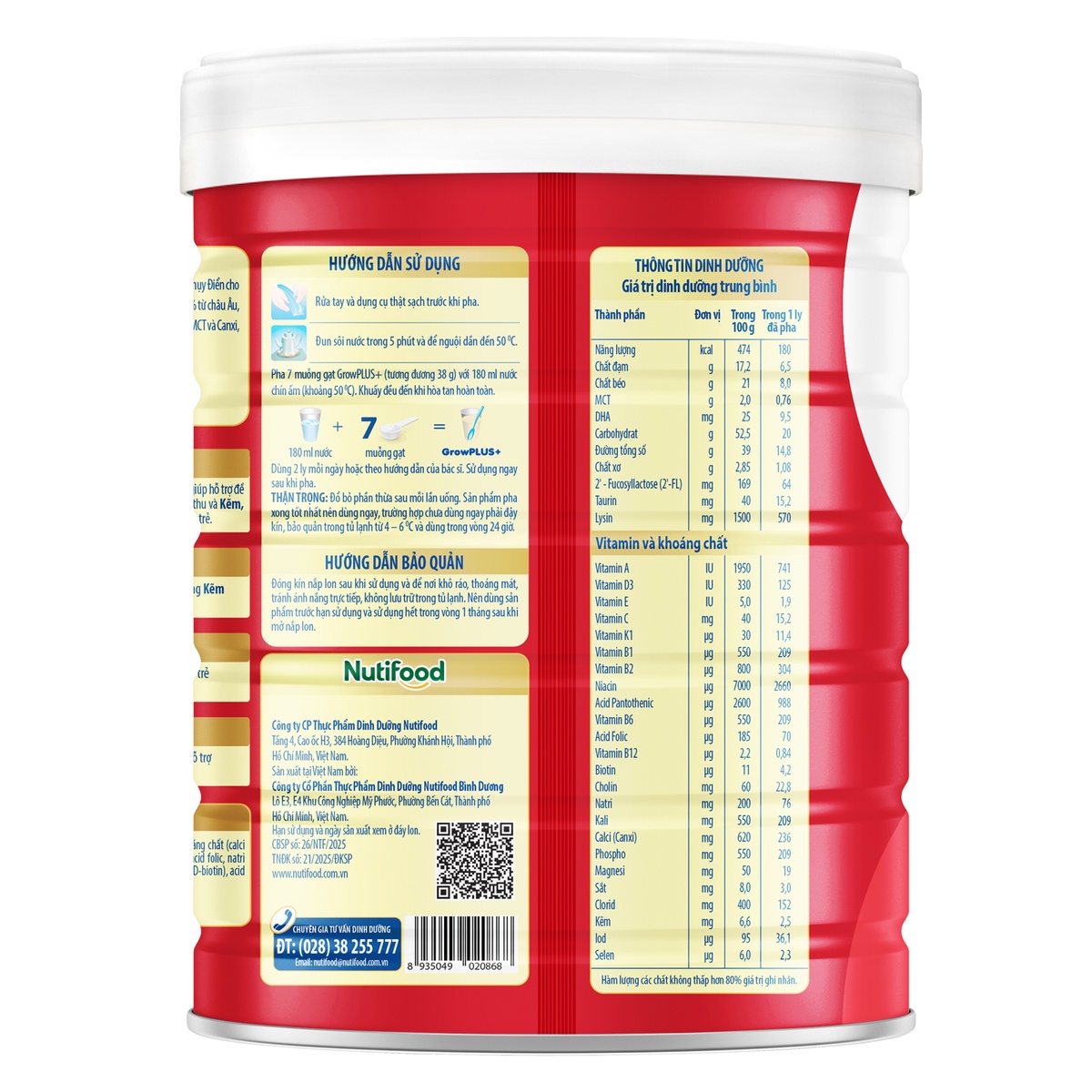 Sữa bột Nutifood Grow Plus đỏ 2+ 850g - mặt phải